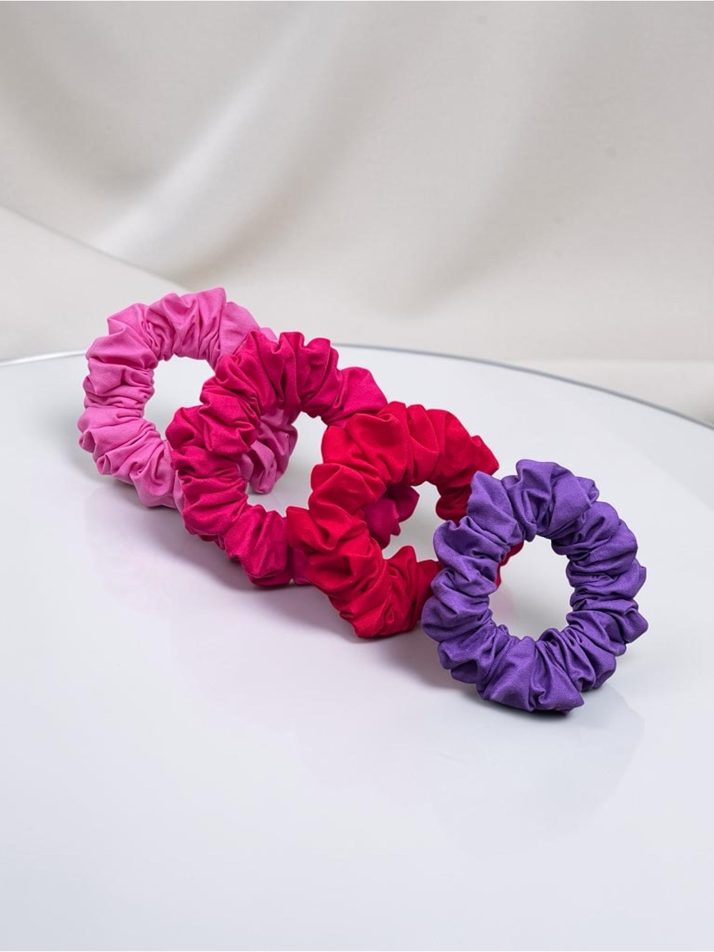 Set of 4 Pink, Deep Pink Fuchsia, Red and Purple Satin Scrunchies